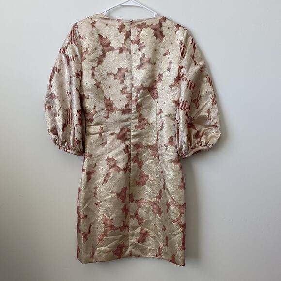 Belle Badgley Mischka Red and Gold Metallic Floral Puff Sleeve Dress Size: 2 - Picture 5 of 7
